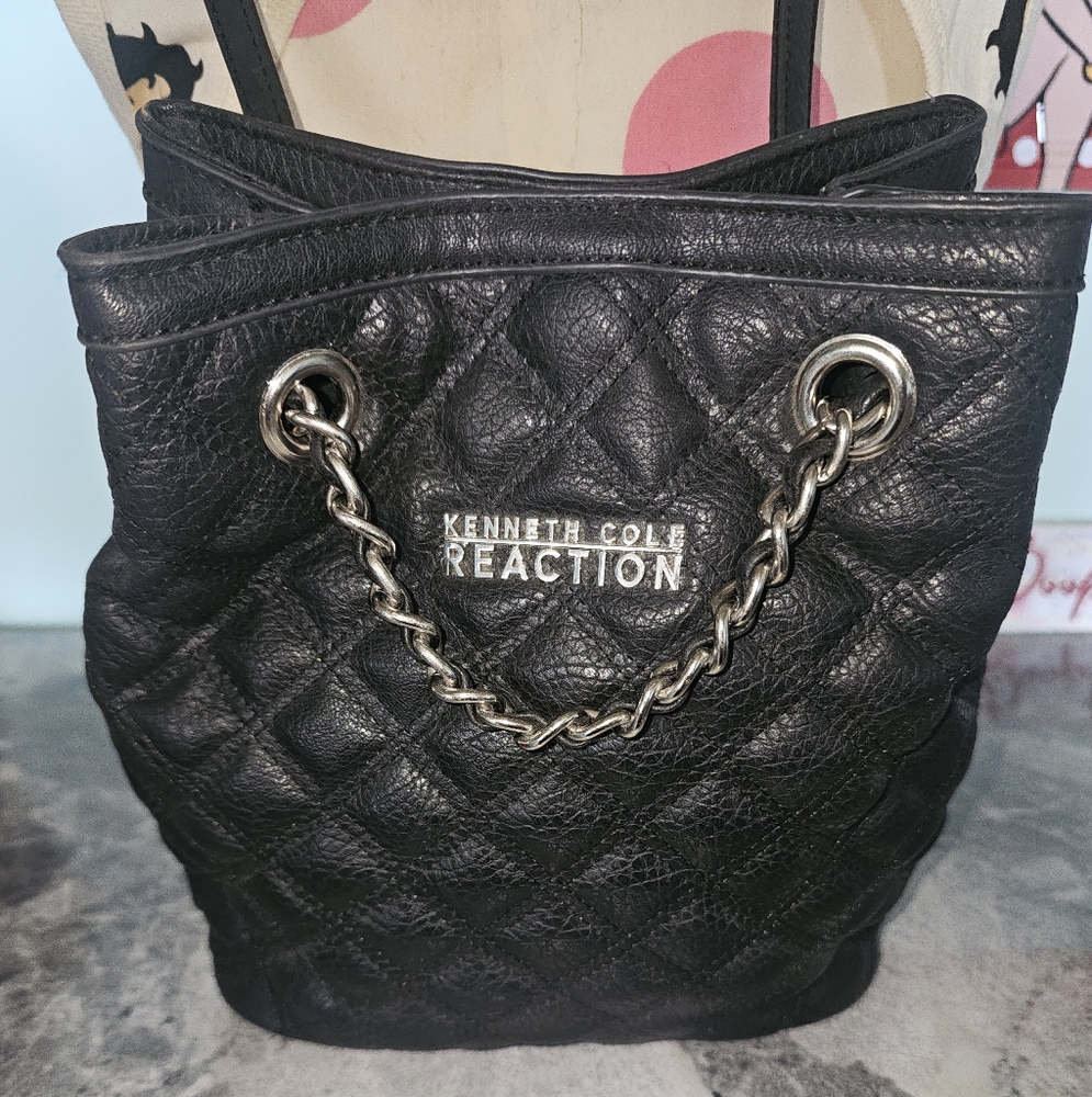 Kenneth Cole Reaction Black Quilted Bucket Backpack - Silver Chain Accent